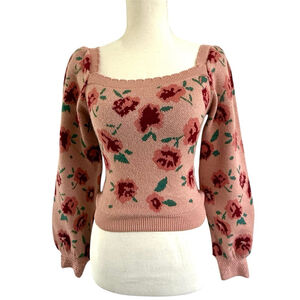 Willow & Wind Pink Floral Square Neck Puff Sleeve Sweater XS